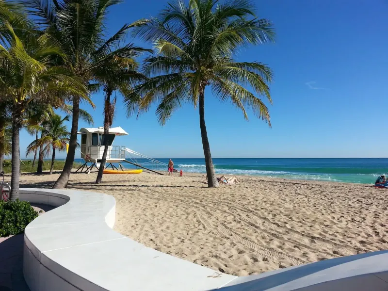 Fort Lauderdale Beach with palms and a lifeguard tower